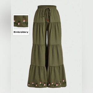 Boho Hippie Fairycore Wide Leg Pants Mushroom Embroidered Tiered Goblincore S